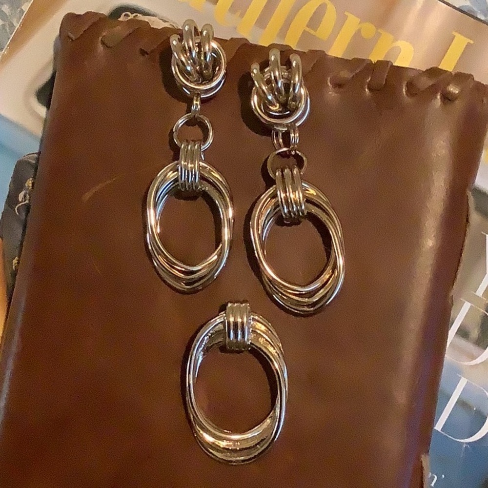 Vintage Gold Long Dangle Earrings + Necklace Pendant